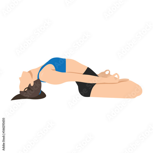 Woman doing Lotus Fish Pose Variation. Beautiful girl practice Matsyasana Variation Padmasana Elbows. Flat vector illustration isolated on white background