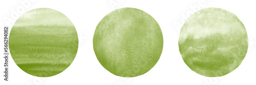 Khaki, olive green natural color watercolor circle shapes set, collection. Hand drawn round backgrounds with gradient watercolour stains. Text frame, painted textured eco template, aquarelle texture.
