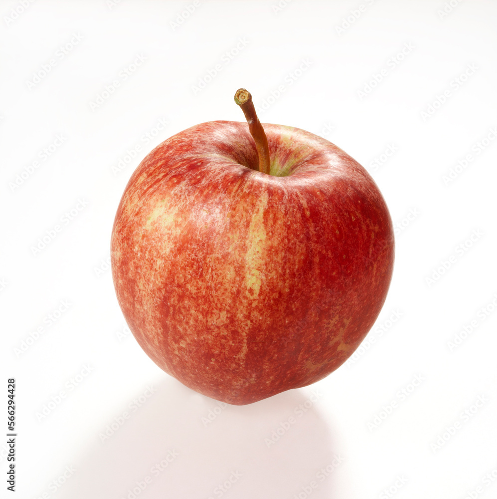 Roter Apfel mit Stengel vor weiss als Freisteller Roter Apfel mit Stengel vor weiss als Freisteller