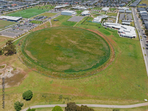 Aerial view of an oval and recreation precinct near a school photo