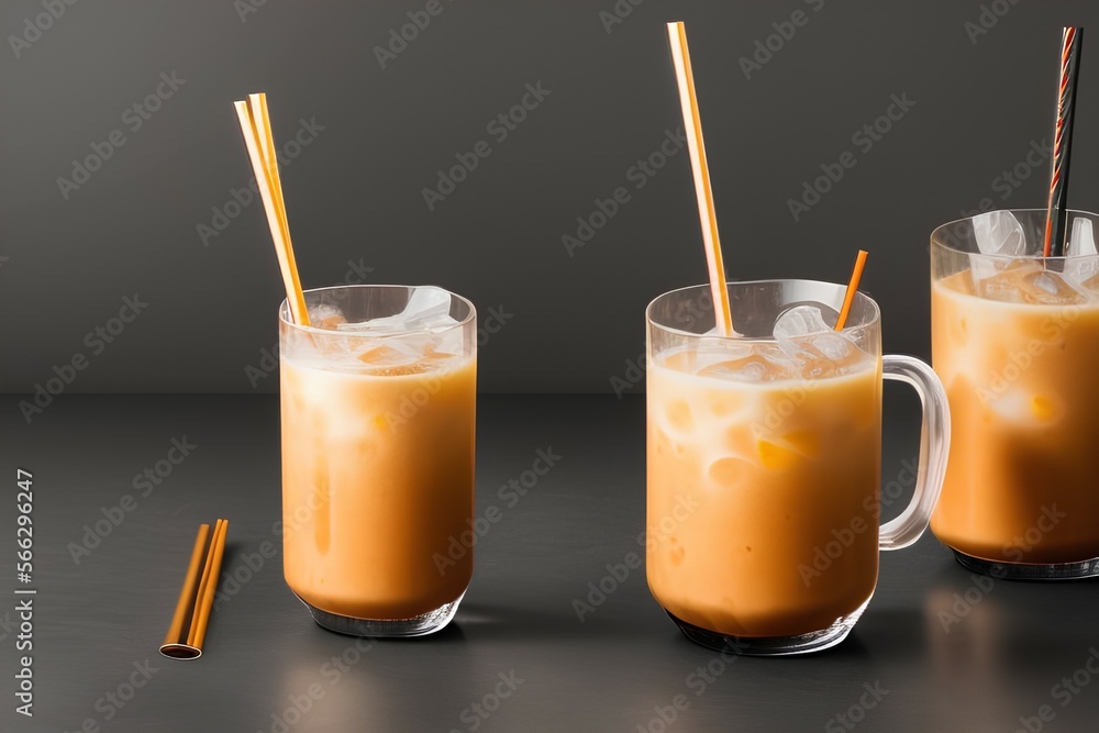 Iced Thai Milk Tea in Tall Glass with Dark Straw and Plastic Spoon on Glass Terrace - generative ai Iced Thai Milk Tea in Tall Glass with Dark Straw and Plastic Spoon on Glass Terrace - generative ai
