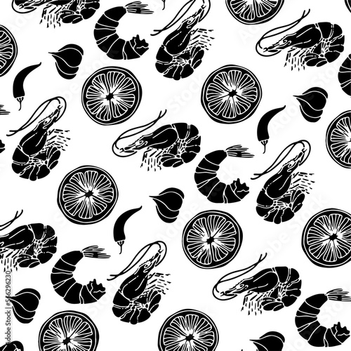 Hand drawn seafood seamless pattern. Shrimp background Vintage sketch style prawn. Vector illustration

