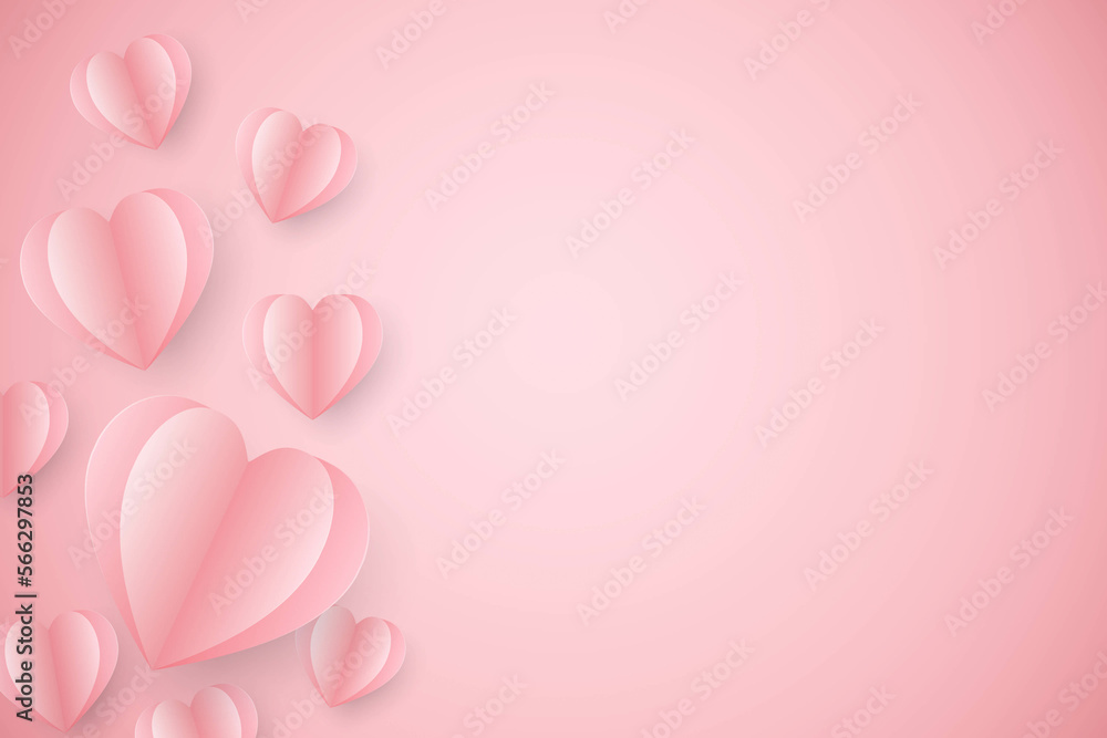 Paper elements in shape of heart flying on pink background. Vector symbols of love for Happy Women's, Mother's, Valentine's Day, birthday