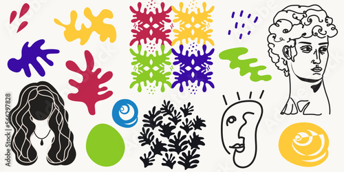 Cutout elements isolated. Trendy Matisse inspired style. Retro, vintage. Contemporary paper cut outs form. Set collection. Vector hand drawn artwork. Blue, pink, green, yellow bright color