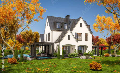 3d rendering of cute cozy white and black modern Tudor style house with parking and pool for sale or rent with beautiful landscaping. Fairy roofs. Clear sunny autumn day with golden leaves anywhere