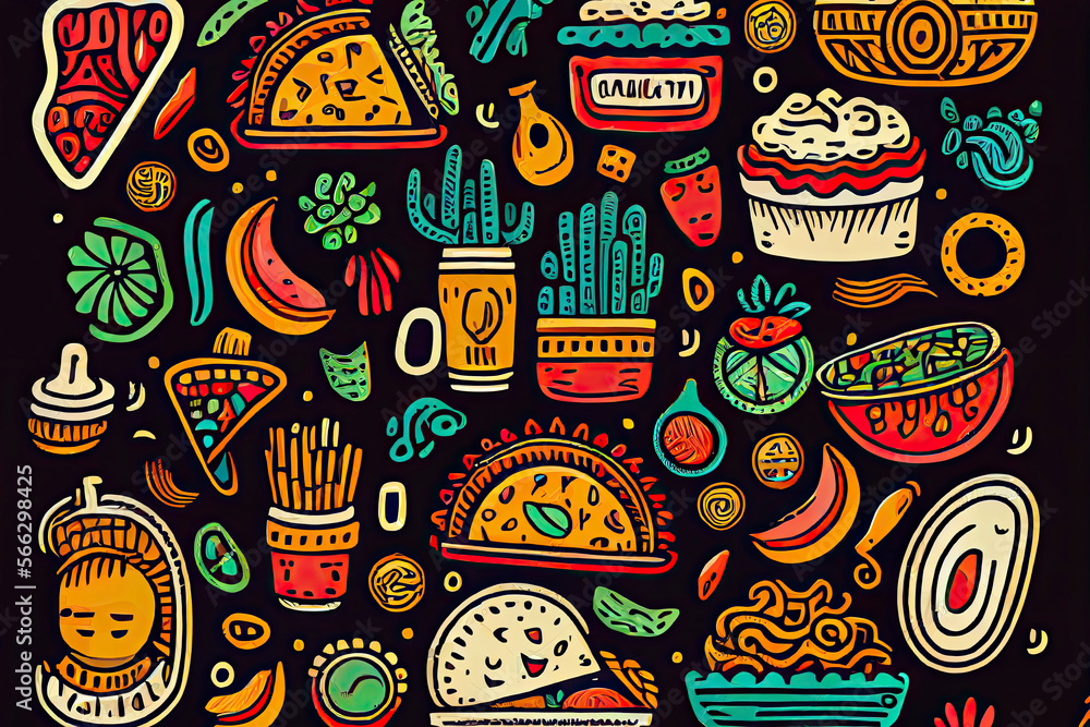 Mexican Food hand drawn doodles seamless pattern. Ethnic Cuisine background