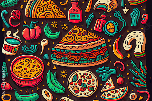 Mexican Food hand drawn doodles seamless pattern. Ethnic Cuisine background