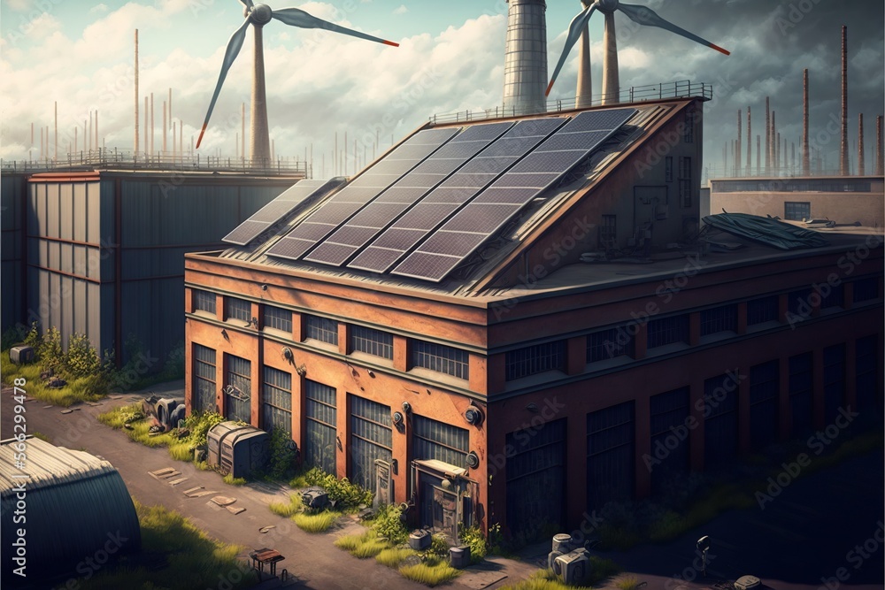 Factory with solar panels on the roof and a wind turbine, concept of ...