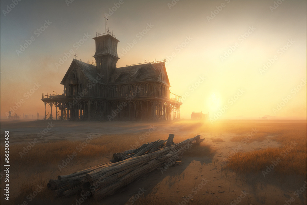 Fototapeta premium church at sunset Superb anime and D&D environment