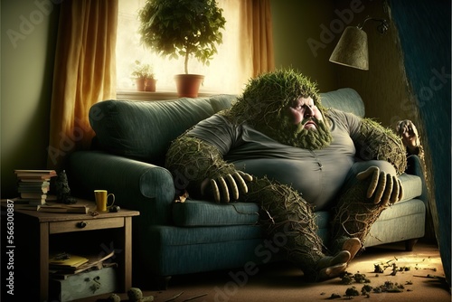 Obese man sits on a couch with roots growing into the, concept of Sedentary lifestyle and Overconsumption, created with Generative AI technology photo