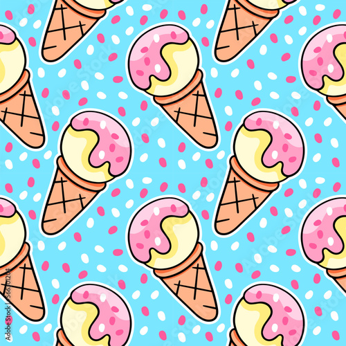 Cartoon ice cream, vector seamless pattern in the style of doodles, hand drawn