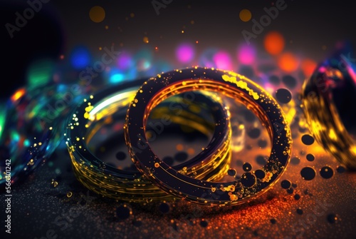 Bright glowing neon color metal steel rings and circle laser cutout pieces scattered on ground with background bokeh blur - generative AI illustration. 