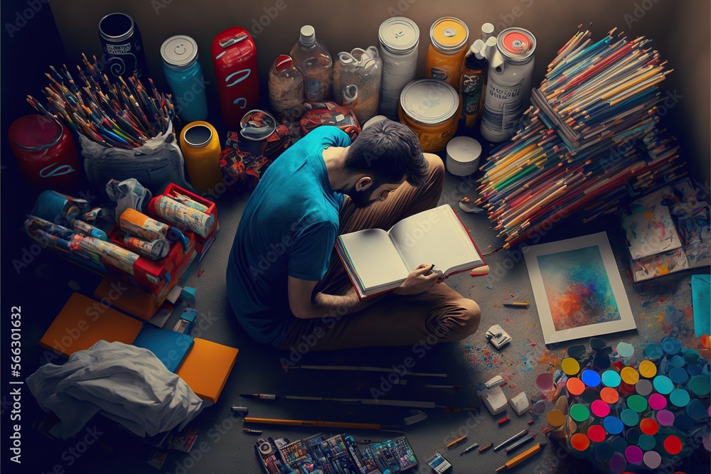 Person reading a business book while surrounded by art supplies, concept of uncertainty of art job, Creative Learning and Focused Study, created with Generative AI technology