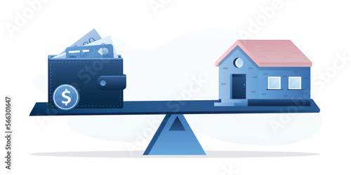 House and wallet full of money on balanced seesaw, monthly house loan installment. Mortgage payment. Management of income to suit with residential payment or expense concept.