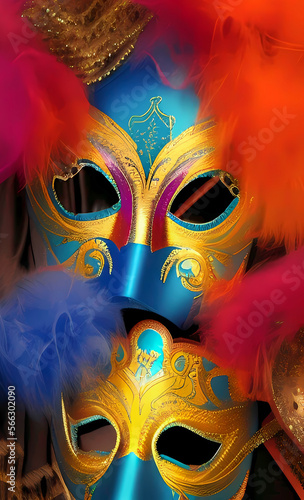 Venice carnival masks on bright colorful background. AI-generated digital illustration.