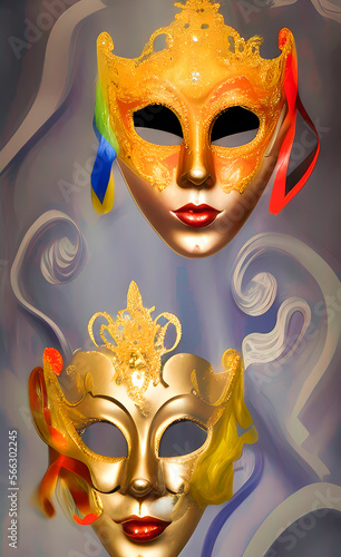 Venice carnival masks on bright colorful background. AI-generated digital illustration.