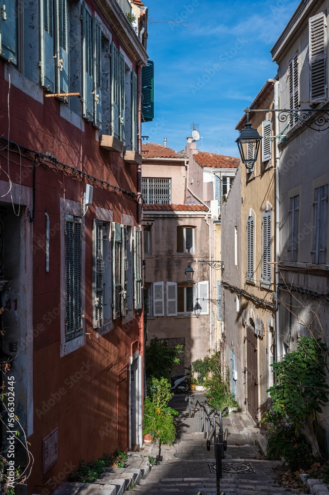Marseille, Provence, France - Facades of houses in a narrow street in old town.