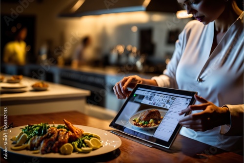 Person using a tablet to order food at a restaurant with kitchen on background  concept of Tablet Ordering and Kitchen Scene  created with Generative AI technology