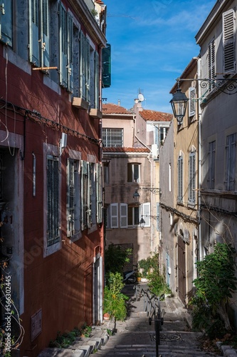 Marseille  Provence  France - Facades of houses in a narrow street in old town.