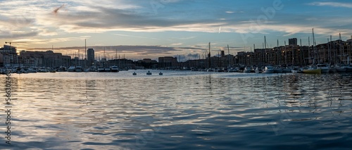 Marseille  Provence  France - View over the sea at the old harbor at dusk