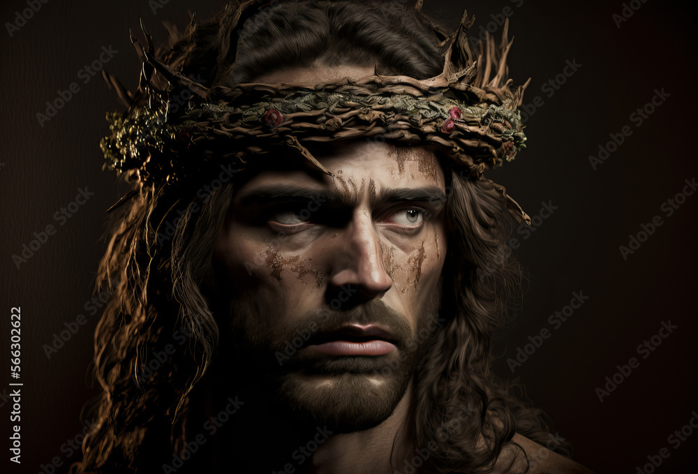 Portrait of Jesus Christ wearing a crown of thorns. Generative ai Portrait of Jesus Christ wearing a crown of thorns. Generative ai