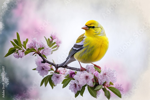 Bird Canary on Spring beautiful landscape background. Generated AI