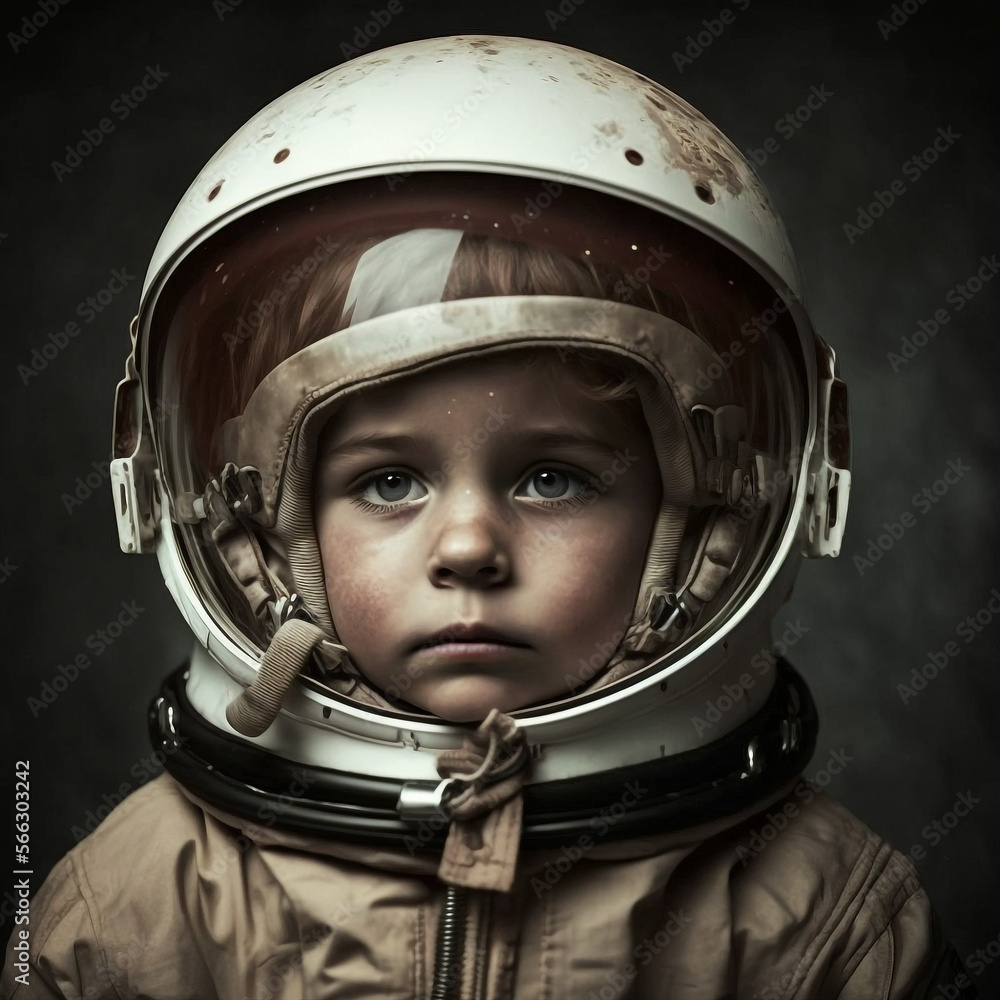 Child pretending to be an astronaut playing wearing a space helmet Child pretending to be an astronaut playing wearing a space helmet