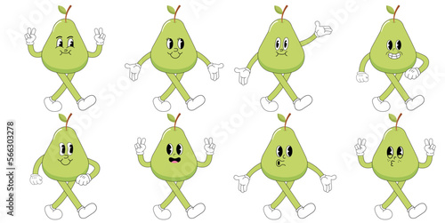 A Set of pear cartoon groovy stickers with funny comic characters, gloved hands. Modern illustration with legs and arms.	
