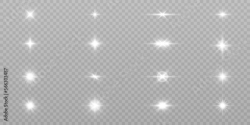 Set of light effects white glowing light isolated on transparent background. Solar flare with rays and glare. Glow effect. Starburst with shimmering sparkles.illustrations.