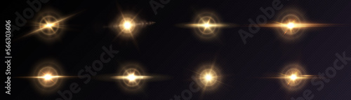 Set of golden light effects of glowing light isolated on transparent background. light lines. Solar flare with rays and glare. glow effect. Starburst with shimmering sparkles. Light for web design and