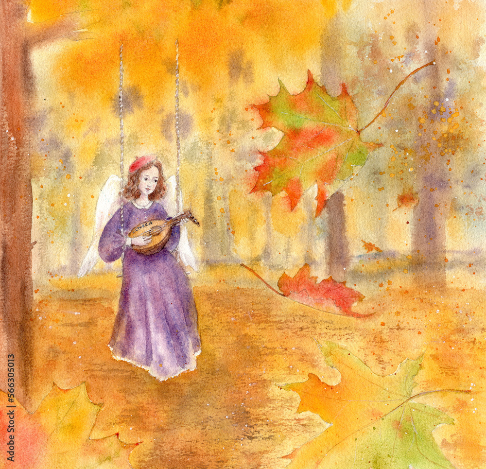 Angel playing the lute in the autumn park