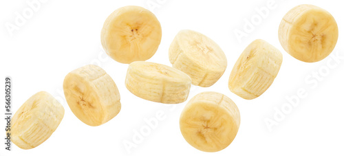 Foto Flying delicious banana slices cut out