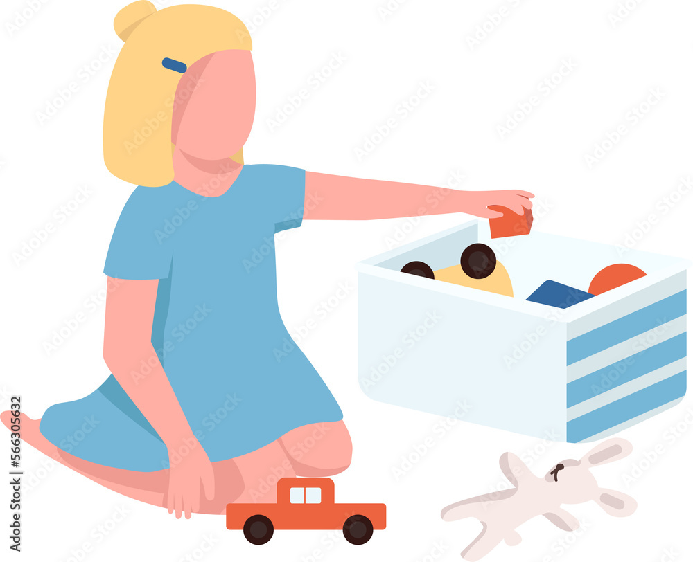 Girl playing with toys semi flat color raster character. Sitting figure. Full body person on white. Kid pastime simple cartoon style illustration for web graphic design and animation