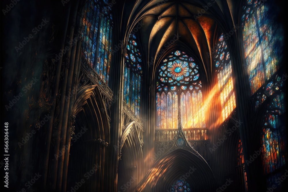 Sunlight entering the rosetta gothic window in cathedral. Fantasy magical scene. Generative ai.