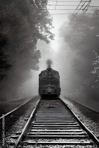 Front view of a train in black and white