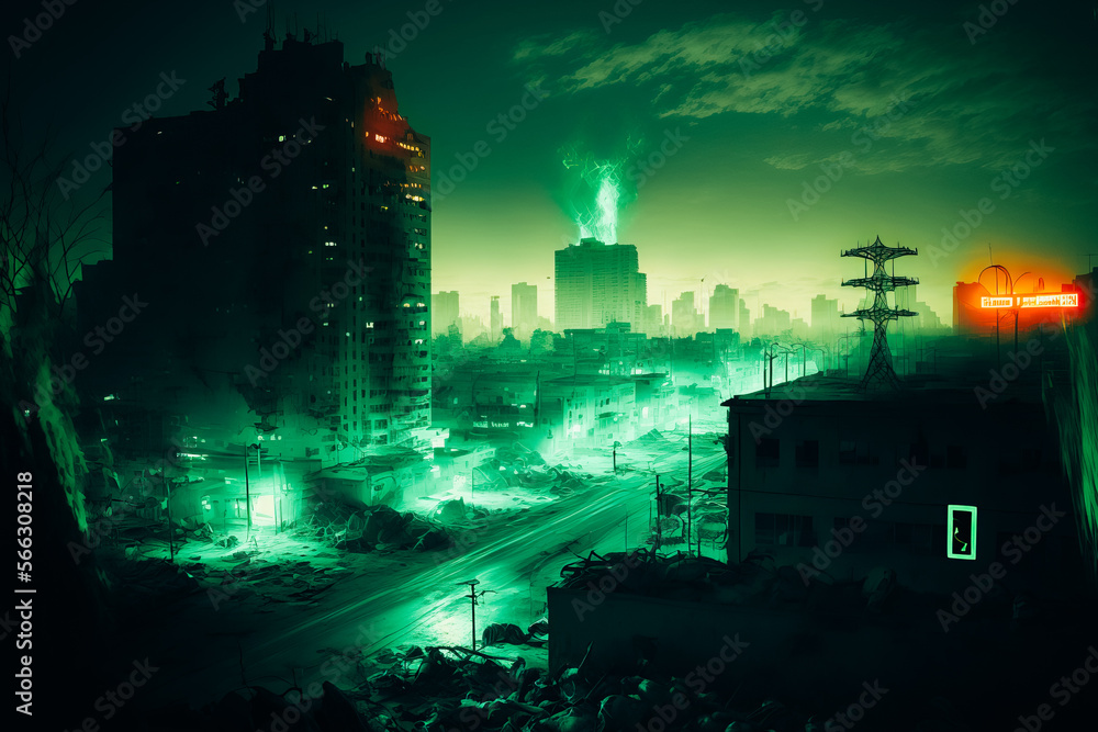 A desolate cityscape lit up with a bright green glow, showcasing the hazardous levels of radiation present in the aftermath of a disaster A desolate cityscape lit up with a bright green glow, showcasing the hazardous levels of radiation present in the aftermath of a disaster