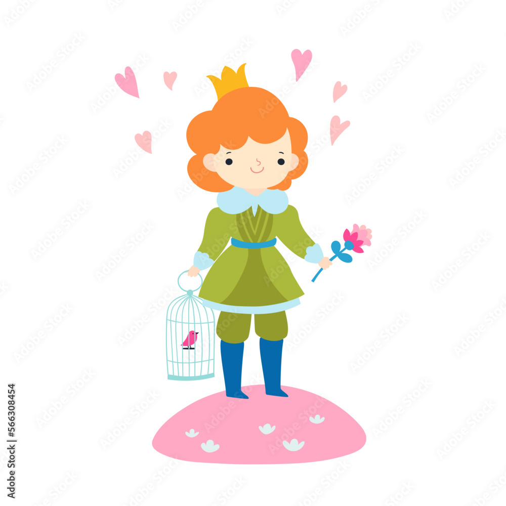 Vector children illustration of beautiful princess with birds. Cute fairytale character in flat style. Vector children illustration of beautiful princess with birds. Cute fairytale character in flat style.