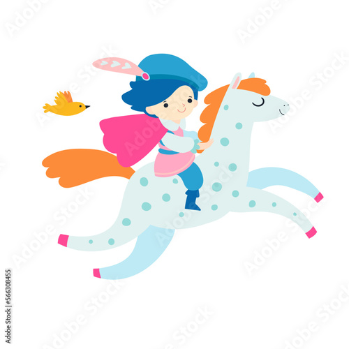 Vector color illustration of a young prince riding a horse in flat style. Cute fairytale character.