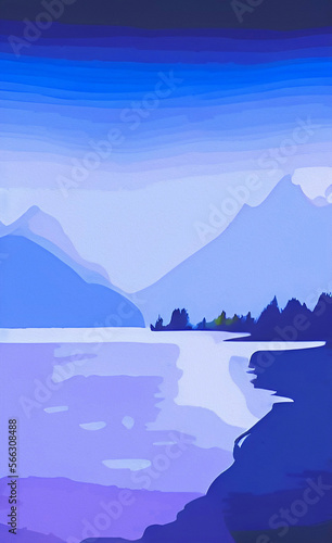 Landscape with sea and mountains, colorful illustration, background, wallpaper, flyer