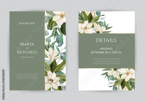 Wedding invitation set of card with leaves. Design with forest green leaves, magnolia, eucalyptus, fern & golden geometric frame. Floral Trendy templates for banner, flyer, poster, greeting.