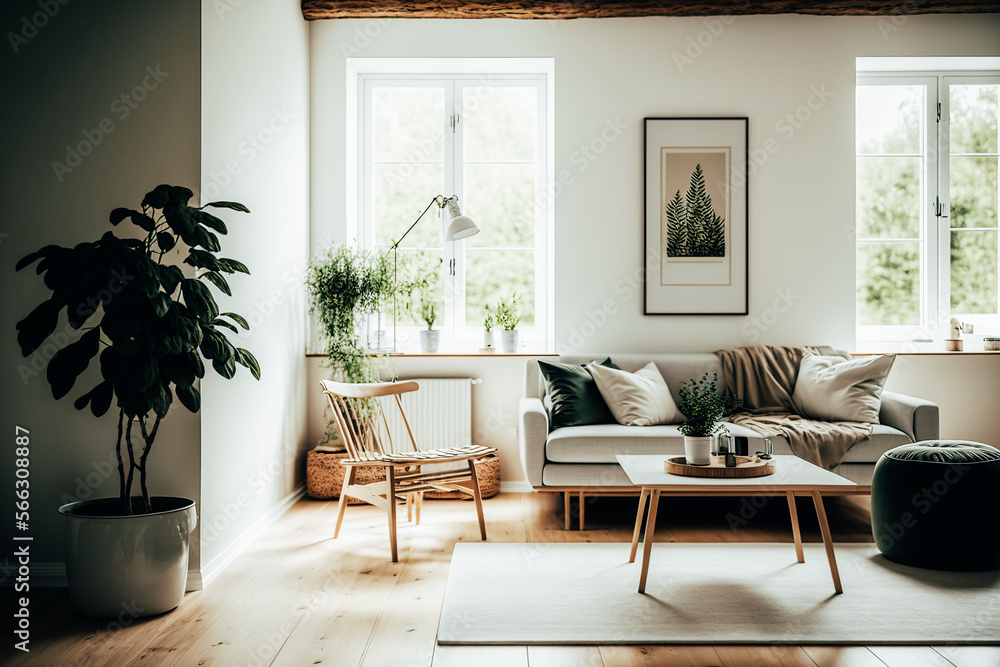 Fototapeta premium A living room designed in Germany Style, clean lines, minimalistic, natural materials, neutral colors