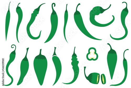 Set of different green chili peppers isolated on white