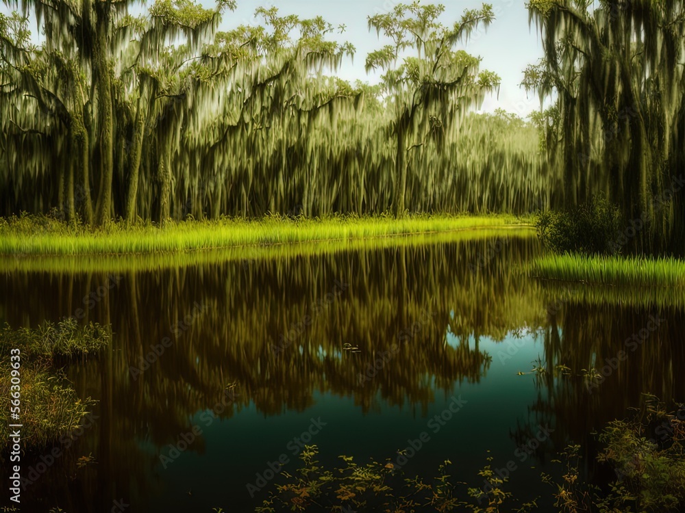 Swampy marshland. Palm trees. Tropical forest.	
