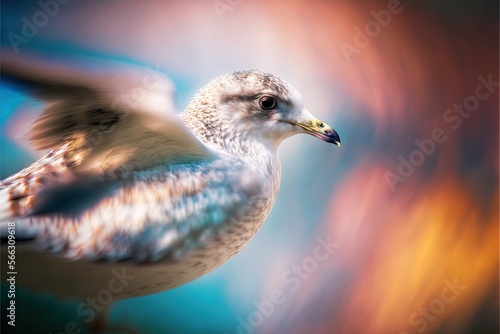 a white bird flying through the air with a blurry background in the background and a blurry background in the foreground with a blurry background.  generative ai photo