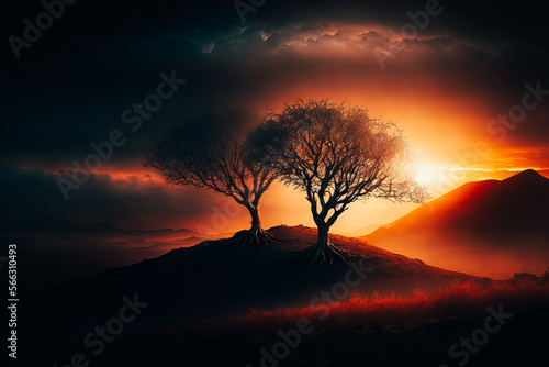 a two trees leafless standing on a lonely Hill in front of a dramatic sunrise