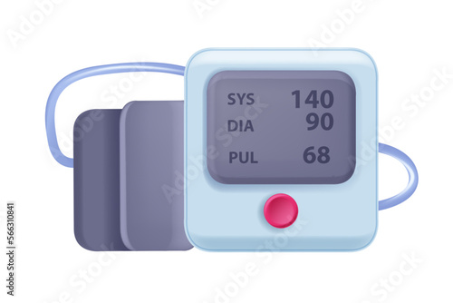 3D blood pressure icon, vector heart rate machine, hypertension medical check device, button, screen. Digital electronic hospital diagnosis monitor, healthcare pulse check. Blood pressure clipart