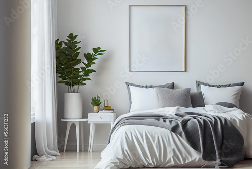 Frame mockup in bedroom interior design. Generative AI