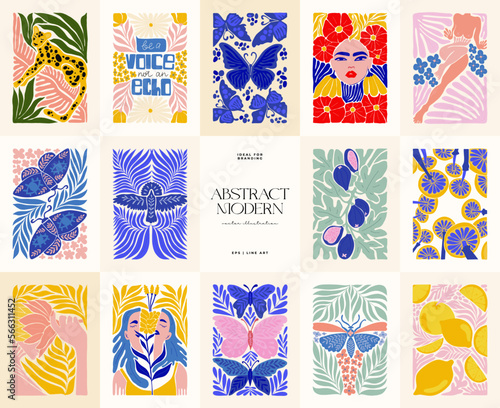 Abstract art posters template. Modern trendy Matisse minimal style. Pink, blue, yellow colors. Hand drawn design for wallpaper, wall decor, print, postcard, cover, template, banner. 