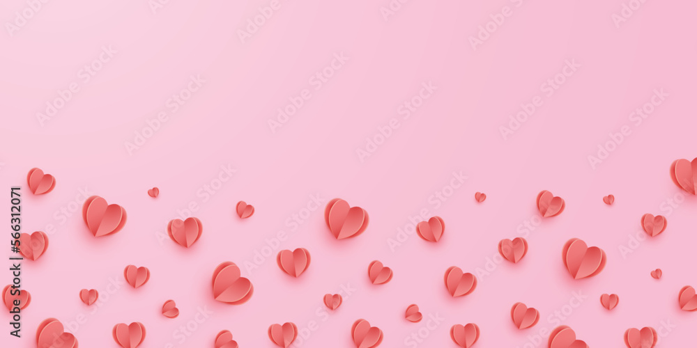 Valentine day banner with red hearts. Papert cut modern style. Vector illustration