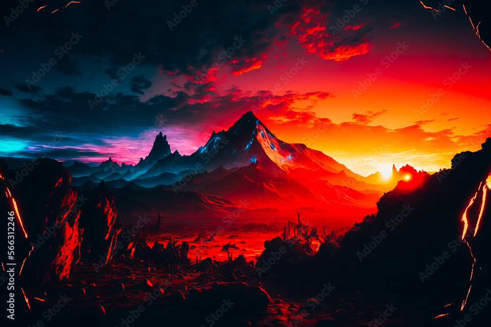 beautiful neon sunset in the land of Mordor